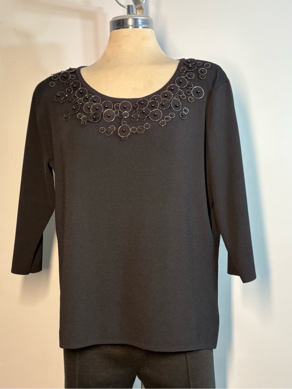 Black Embellished Scoop Neck Long Sleeve Top